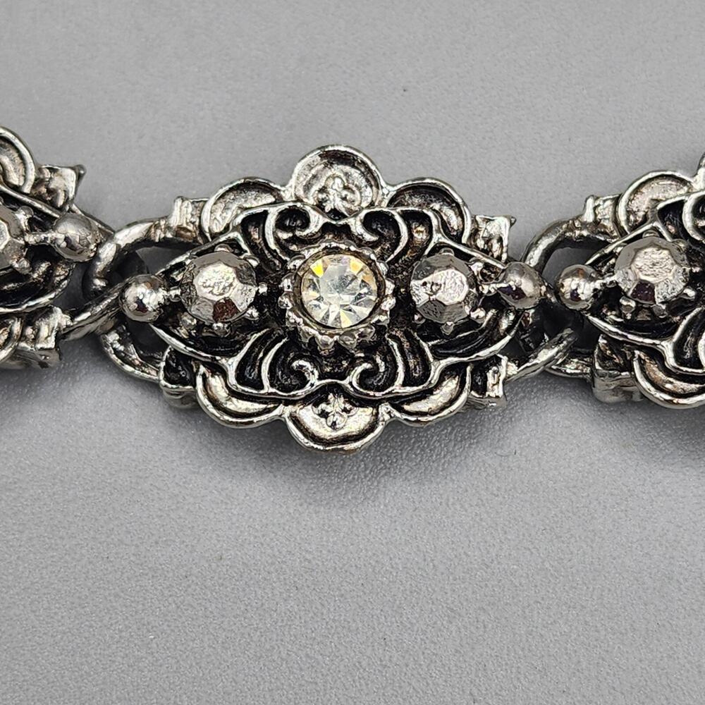 Vintage Silver Tone Floral Link Bracelet Clear Bead Chunky Jewel Art To Wear - Picture 3 of 10